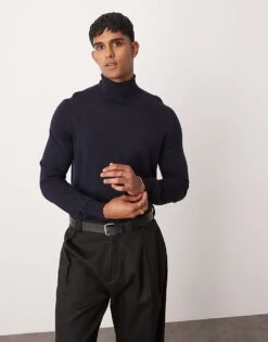 Mango Fine Knit Turtle Neck Long Sleeve Jumper In Navy For Men