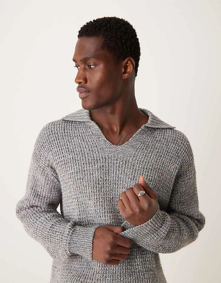 Mango Wide V-neck Collar Chunky Knit Sweater In Grey For Men 7 Mango Wide V-neck Collar Chunky Knit Sweater In Grey For Men - Image 5