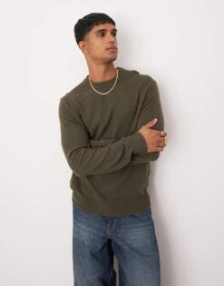 Mango Roundneck Regular Fit Wool Sweater In Khaki For Men -Modern Menswear 207380417 1 khaki 1