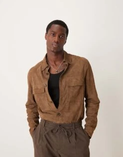 Mango Classic Collar Button Down Suede Jacket In Brown For Men -Modern Menswear 207380495 4