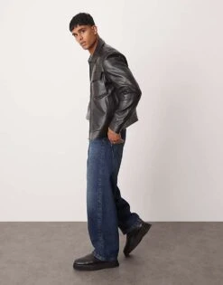 Mango Pocket Detail Zip Down Leather Jacket In Black For Men