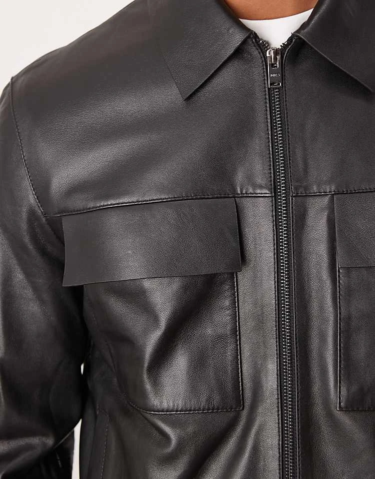 Mango Pocket Detail Zip Down Leather Jacket In Black For Men 4 Mango Pocket Detail Zip Down Leather Jacket In Black For Men - Image 3