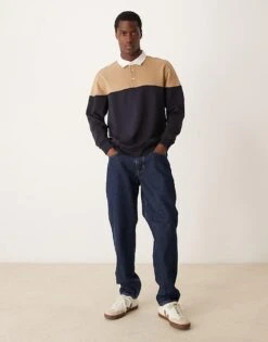 Mango Contrast Detail Long Sleeve Polo In Navy For Men -Modern Menswear 207380534 4