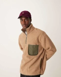 Mango Contrast Detail Quarter Zip Jumper In Beige For Men