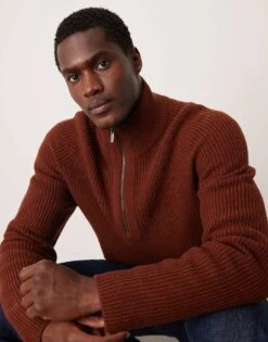 Mango Knitted Quarter Zip Jumper In Burgundy For Men -Modern Menswear 207380720 1 burgundy 1