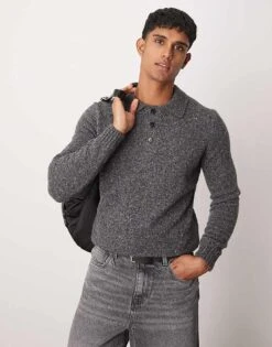 Mango Knitted Polo Jumper In Charcoal For Men