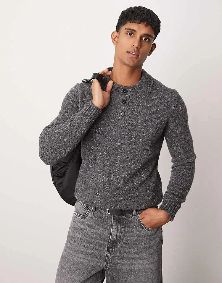 Mango Knitted Polo Jumper In Charcoal For Men 3 Mango Knitted Polo Jumper In Charcoal For Men