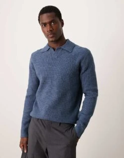 Mango Ribbed Detail Collar Knit Jumper In Blue For Men -Modern Menswear 207380791 1 blue 1