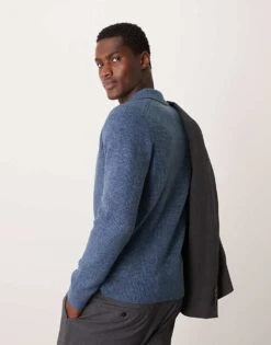 Mango Ribbed Detail Collar Knit Jumper In Blue For Men -Modern Menswear 207380791 3