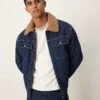 Mango Zip Down Shirt Detail Denim Jacket With Borg Collar In Dark Denim For Men Mid Blue -Modern Menswear 207380818 1 midblue