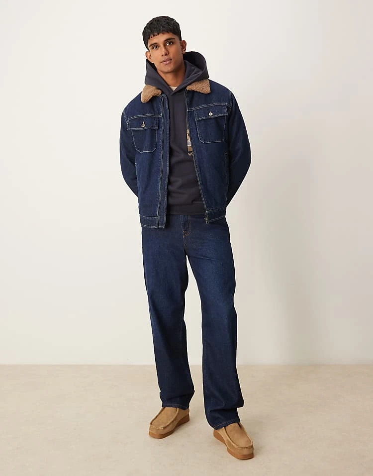 Mango Zip Down Shirt Detail Denim Jacket With Borg Collar In Dark Denim For Men Mid Blue 4 Mango Zip Down Shirt Detail Denim Jacket With Borg Collar In Dark Denim For Men Mid Blue - Image 2