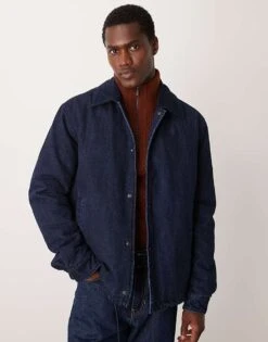 Mango Elasticated Detail Denin Bomber Jacket In Dark Wash Blue For Men
