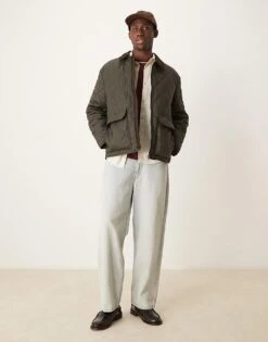 Mango Zip Down Collar Detail Quilted Jacket In Khaki For Men