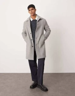 Mango Wool Mix Mid Length Herringbone Coat In Grey For Men