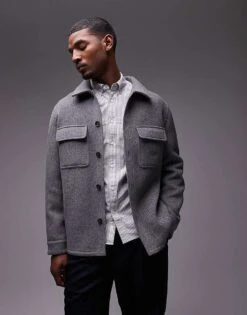 Mango Button Down Herringbone Shacket In Grey For Men -Modern Menswear 207380972 1 grey 1