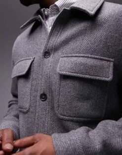 Mango Button Down Herringbone Shacket In Grey For Men -Modern Menswear 207380972 4