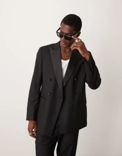 Mango Peak Lapel Double Breasted Slim Fit Blazer And Tapered Trouser Co-ord In Black -Modern Menswear 207381028 1 black 1