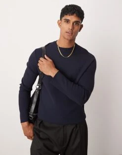 Mango Long Sleeve Jersey Sweat In Navy For Men -Modern Menswear 207381063 1 navy 1
