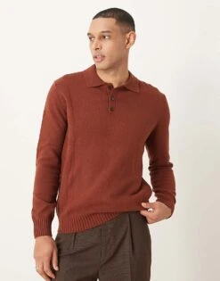Mango Knitted Button Down Polo Jumper In Burgundy For Men