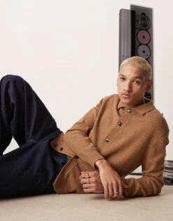 Mango Collar Detail Button Down Cardigan In Camel For Men