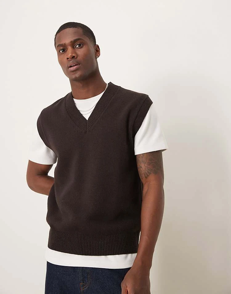 Mango V-neck Sweater Vest In Dark Brown For Men 3 Mango V-neck Sweater Vest In Dark Brown For Men