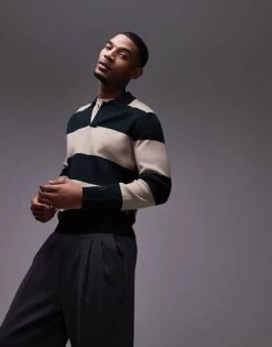 Mango Rugby Polo Shirt In Green & Beige Stripe For Men