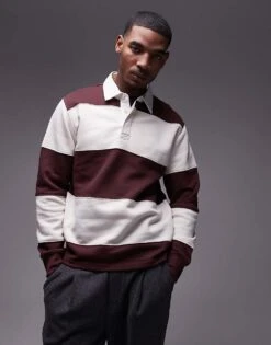 Mango Rugby Polo Shirt In Burgundy & White Stripe For Men