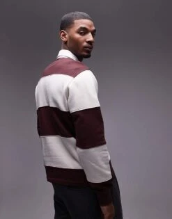 Mango Rugby Polo Shirt In Burgundy & White Stripe For Men -Modern Menswear 207884818 3
