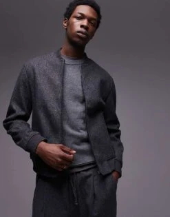 Mango Wool Mix Bomber Jacket In Charcoal For Men