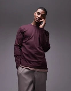 Mango Long Sleeve T-shirt In Burgundy For Men