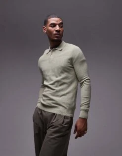 Mango Knitted Button Up Polo Sweater In Pale Green For Men