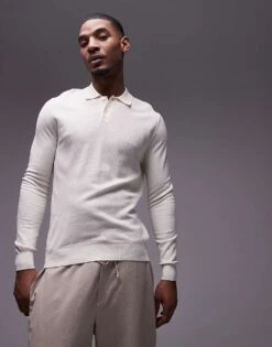 Mango Knitted Polo Sweater In Ecru For Men