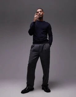 Mango Knitted Crew Neck Sweater In Navy For Men