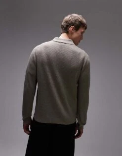 Mango Knitted Polo Cardigan In Beige For Men Grey -Modern Menswear 207946638 3