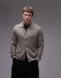 Mango Knitted Polo Cardigan In Beige For Men Grey -Modern Menswear 207946638 4