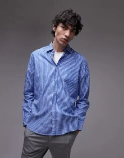 Mango Regular Fit Striped Shirt In Light Blue For Men