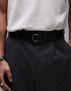 Mango Leather Belt In Jet Black For Men