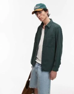 Mango Washed Cotton Overshirt In Dark Green For Men