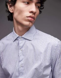 Mango Egyptian Cotton Striped Shirt In White And Blue For Men White & Blue -Modern Menswear 208125416 4
