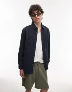 Mango Washed Cotton Overshirt In Navy For Men