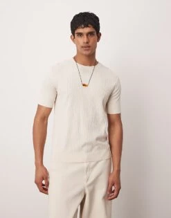 Mango Ribbed Knitted T-shirt In Neutral For Men Beige