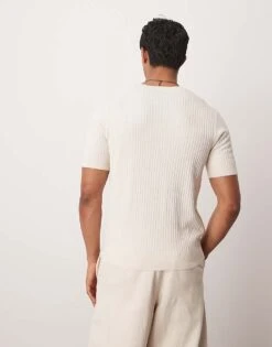 Mango Ribbed Knitted T-shirt In Neutral For Men Beige -Modern Menswear 208236156 4
