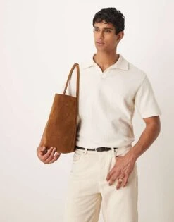 Mango Knitted Open Collar Poloshirt In Beige For Men