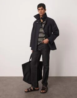 Mango Stripe Crochet Poloshirt In Black & White For Men -Modern Menswear 208236240 3