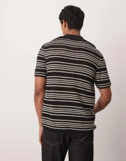 Mango Stripe Crochet Poloshirt In Black & White For Men -Modern Menswear 208236240 4