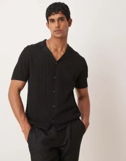 Mango Button Through Revere Collar Crochet Shirt In Black For Men 11 Mango Button Through Revere Collar Crochet Shirt In Black For Men -Modern Menswear 208236261 1 black 1
