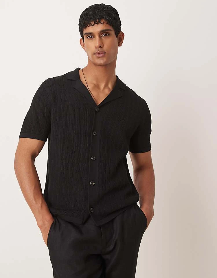 Mango Button Through Revere Collar Crochet Shirt In Black For Men 7 Mango Button Through Revere Collar Crochet Shirt In Black For Men - Image 5