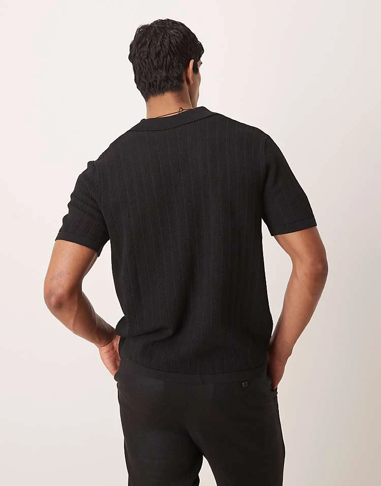 Mango Button Through Revere Collar Crochet Shirt In Black For Men 5 Mango Button Through Revere Collar Crochet Shirt In Black For Men - Image 3