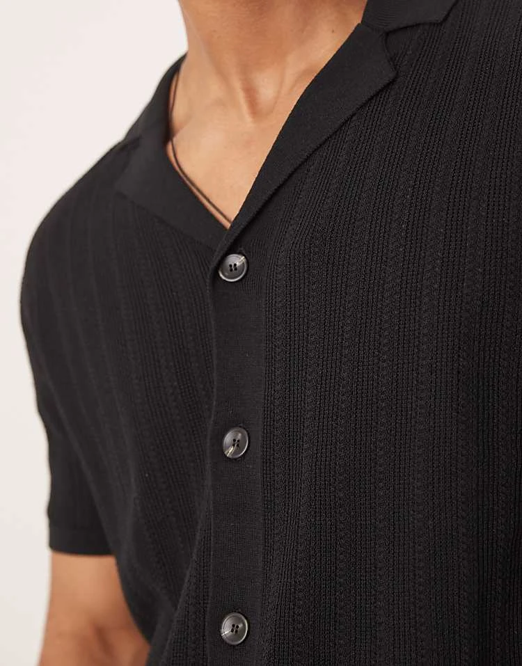 Mango Button Through Revere Collar Crochet Shirt In Black For Men 6 Mango Button Through Revere Collar Crochet Shirt In Black For Men - Image 4