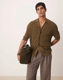 Mango Button Down Crochet Shirt In Dark Brown For Men -Modern Menswear 208236268 1 darkbrown 1